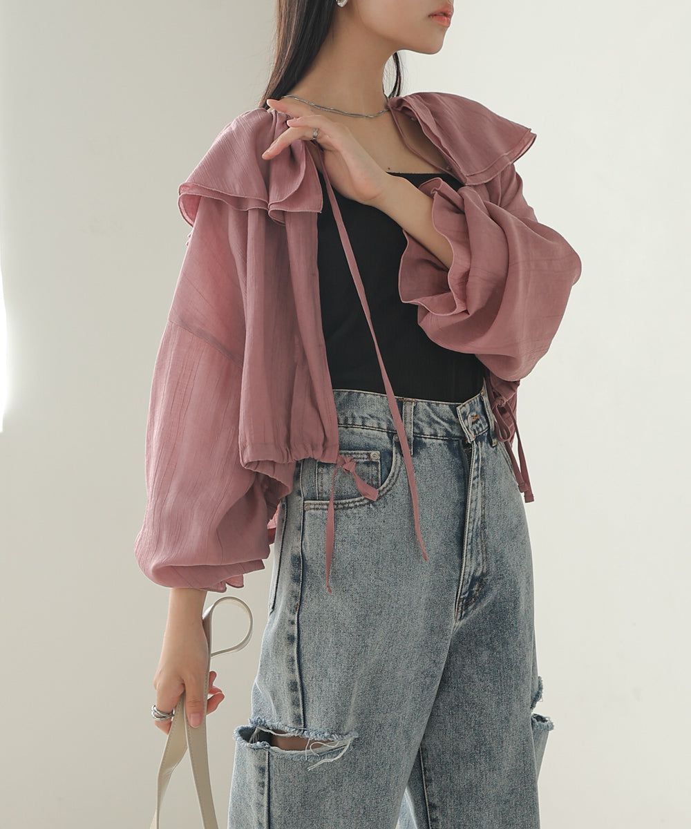 日本 Bab - 浪漫荷葉層次糖果袖襯衫-淺灰