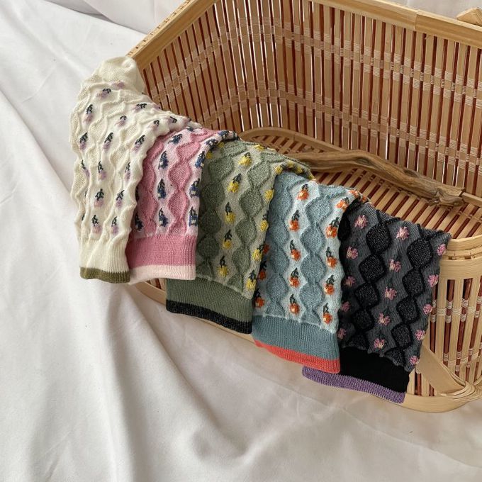 韓國Marian - 花紋鬆餅格紋中筒襪-橄欖綠 (Free)