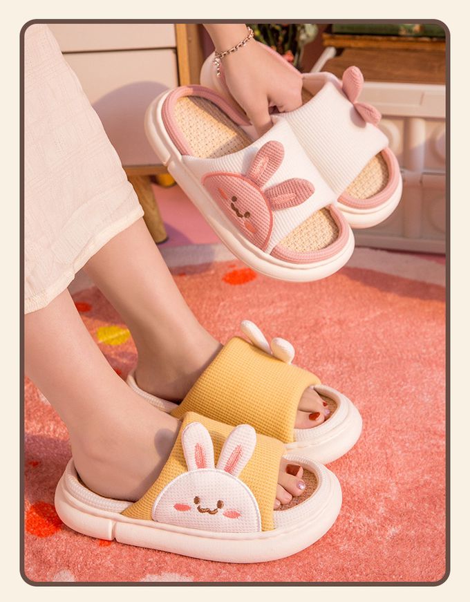 厚底海綿感亞麻室內拖鞋-熊熊-藍色