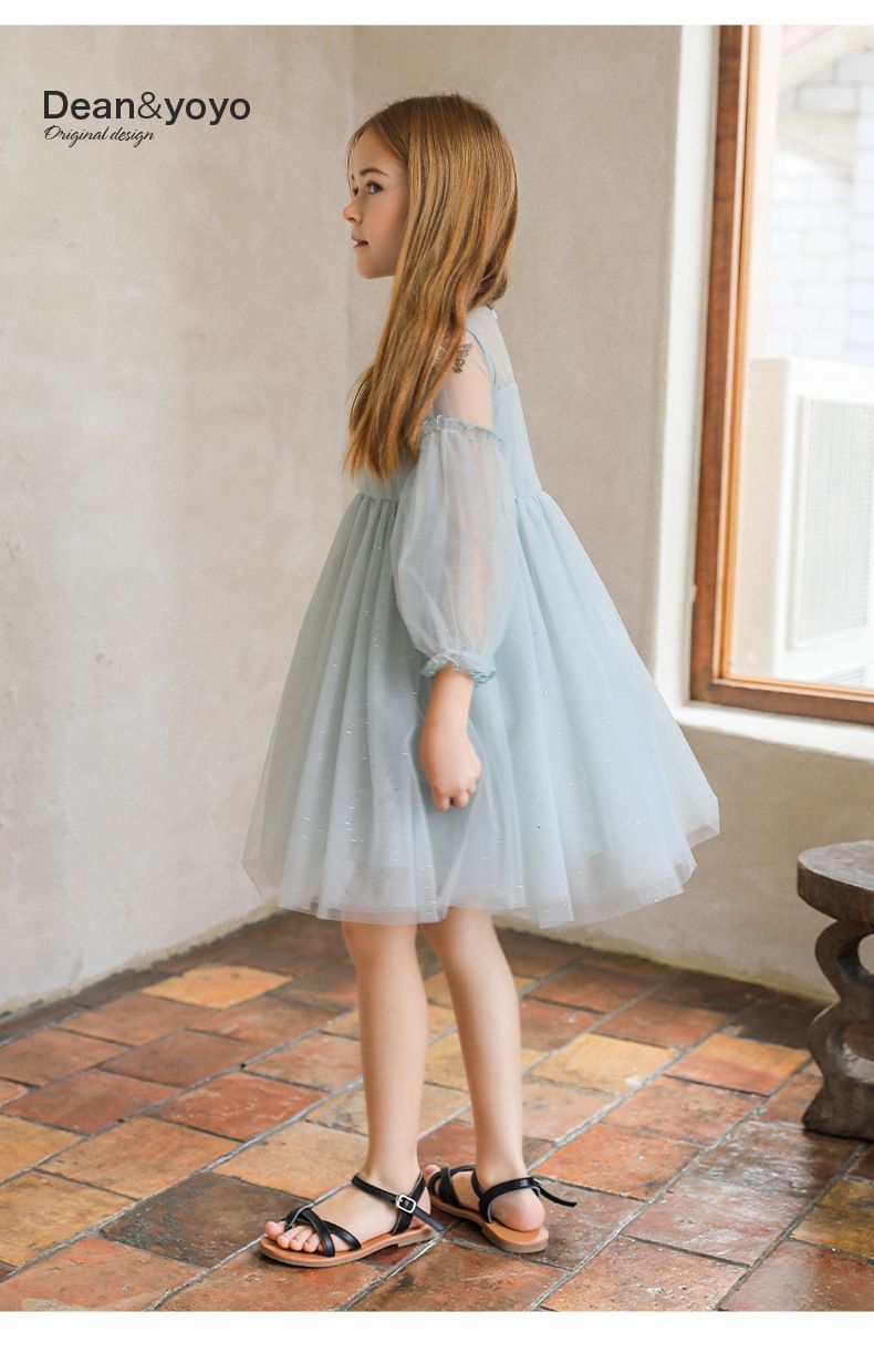 Little Deeyoo - 小仙女七分袖網紗連身洋裝-立體蝴蝶-藍色