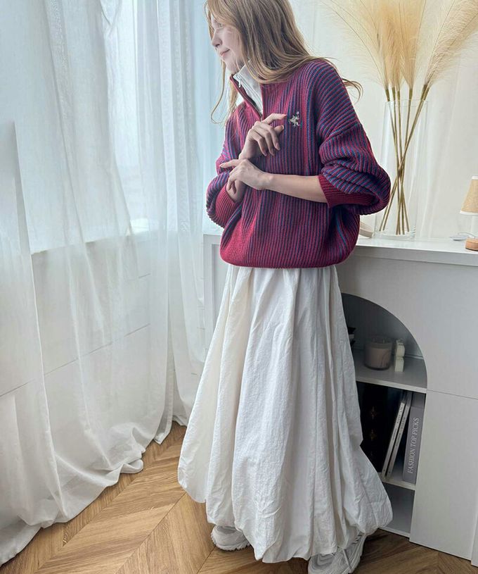 日本 Classical Elf - 半拉鍊線條感 logo刺繡配色針織衫-深藍x米