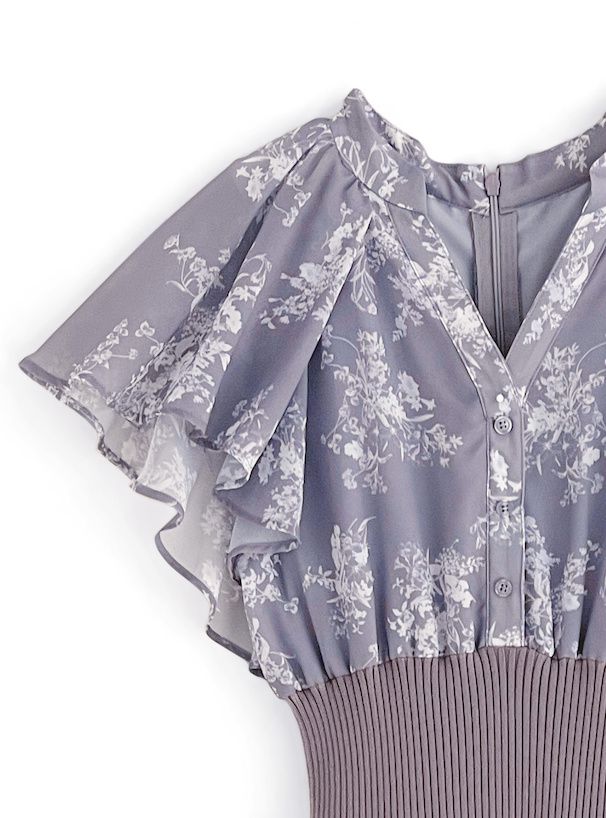 日本 GRL - 甜美小V領荷葉袖收腰碎花洋裝-星塵藍