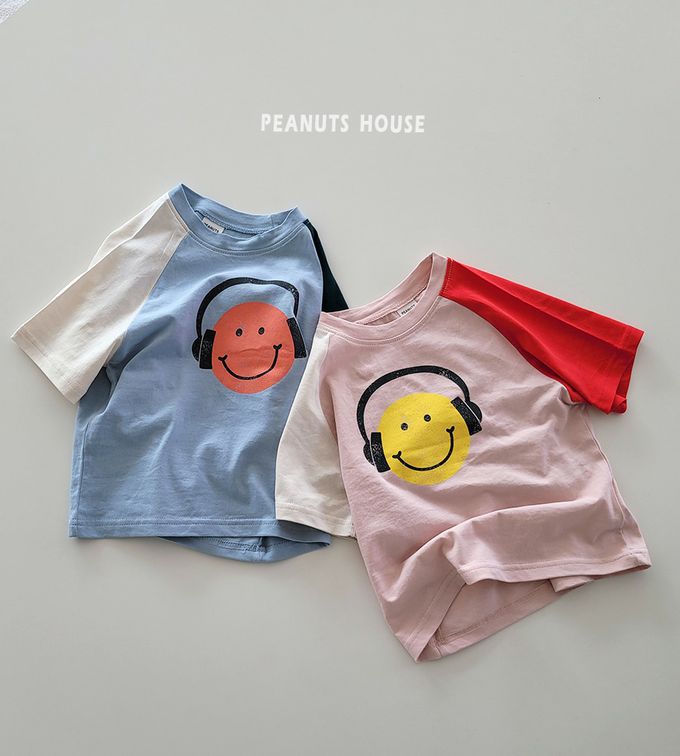 韓國 Peanuts House - 純棉拼色圓領短袖上衣-笑臉耳機-米X藍X墨綠