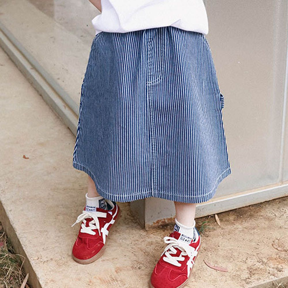 純棉舒適直條紋中長裙-親子款-藍色