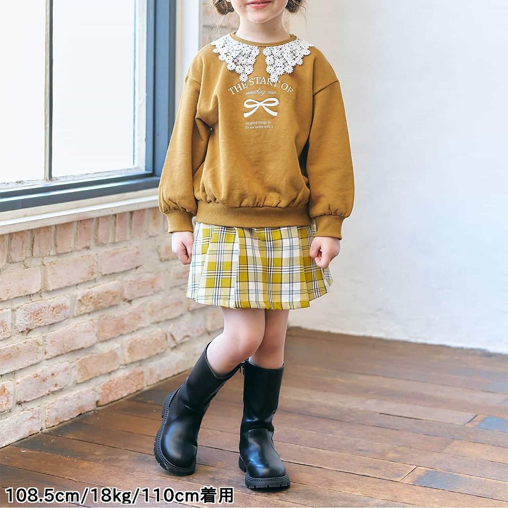 甜美學院風百褶寬版短褲-格紋-芥末黃