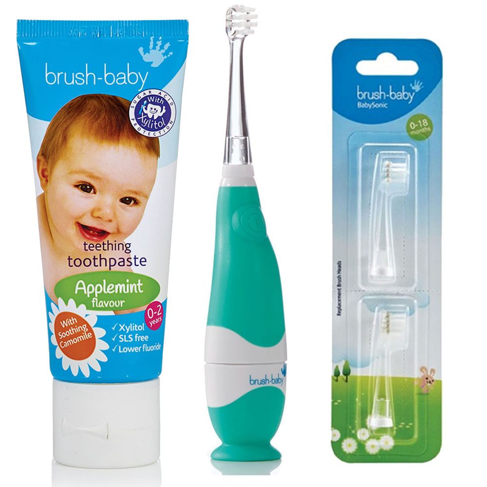 英國 brush-baby - 嬰幼兒聲波電動牙刷(0-3歲用)+寶寶木糖醇牙膏(天然洋甘菊/50ml)-0-2歲用+替換刷頭2入(0-18M)-含氟量 1000ppm