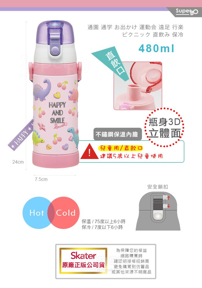 日本 SKATER - 立體不鏽鋼保溫水壺(480ml)-粉粉龍