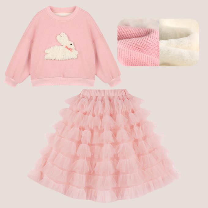 甜美毛毛小兔衛衣配軟網紗蛋糕長裙 女童保暖澎澎長裙套裝