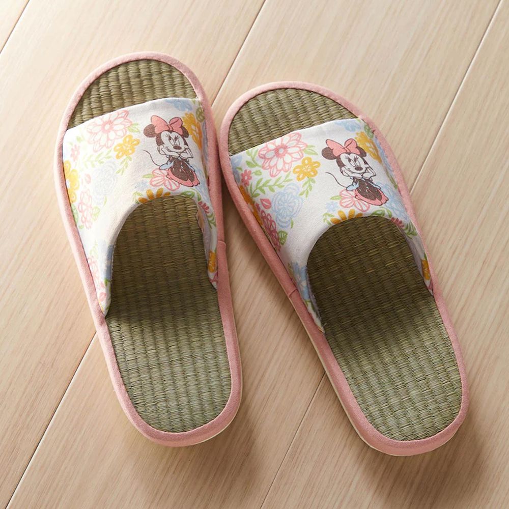 日本千趣會 - 迪士尼 涼感草編室內拖鞋-米妮花朵-粉