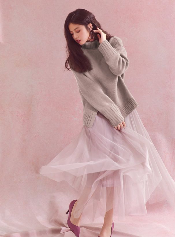 日本 GRL - 大寬鬆高領開衩針織毛衣-鐵灰