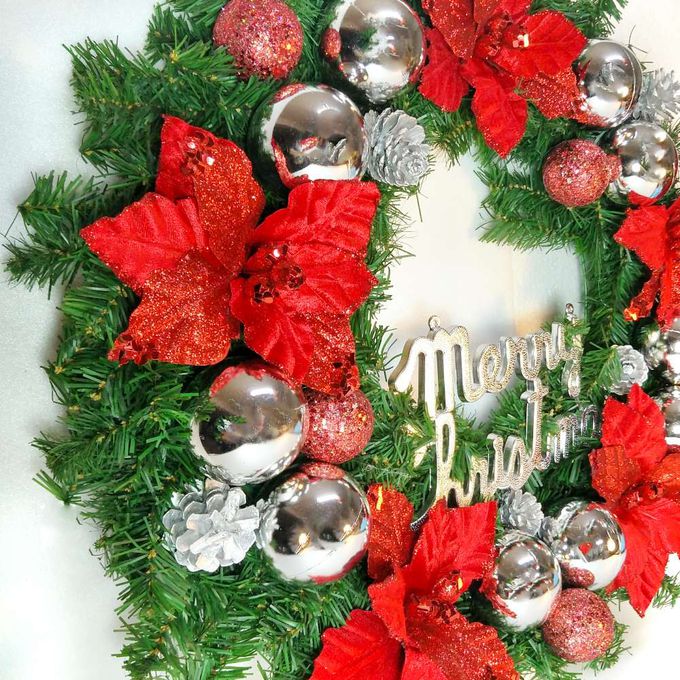 MODACore 摩達客 - 摩達客耶誕-24吋浪漫朵朵聖誕花豪華綠色聖誕花圈福臨圈(銀紅系)(台灣手工藝製/免組裝)  本島免運費