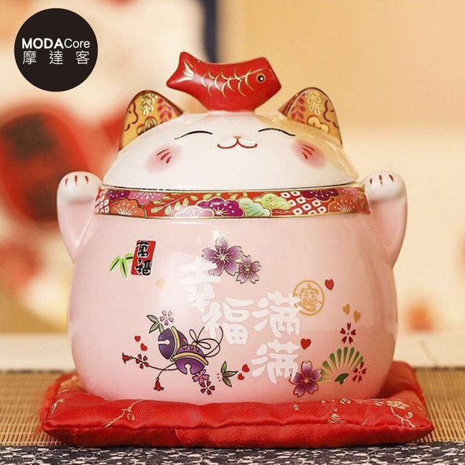 MODACore 摩達客 - ◉春節開運◉開運超招財貓密封罐糖果盒擺飾_四色可選(贈坐墊)/聚寶盆收納好物-粉色