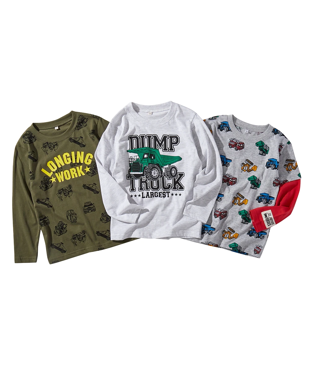 日本 Nissen - 純棉印花長T 超值三件組-汽車-燕麥/深灰/黃