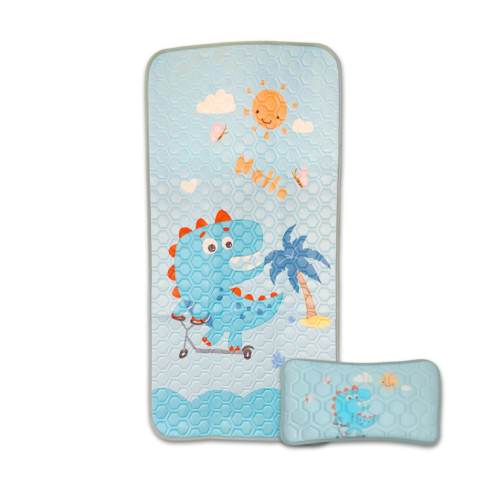 卡通乳膠涼蓆兩件組 冰絲涼感-滑板恐龍 (墊:120*60/枕:39*22)