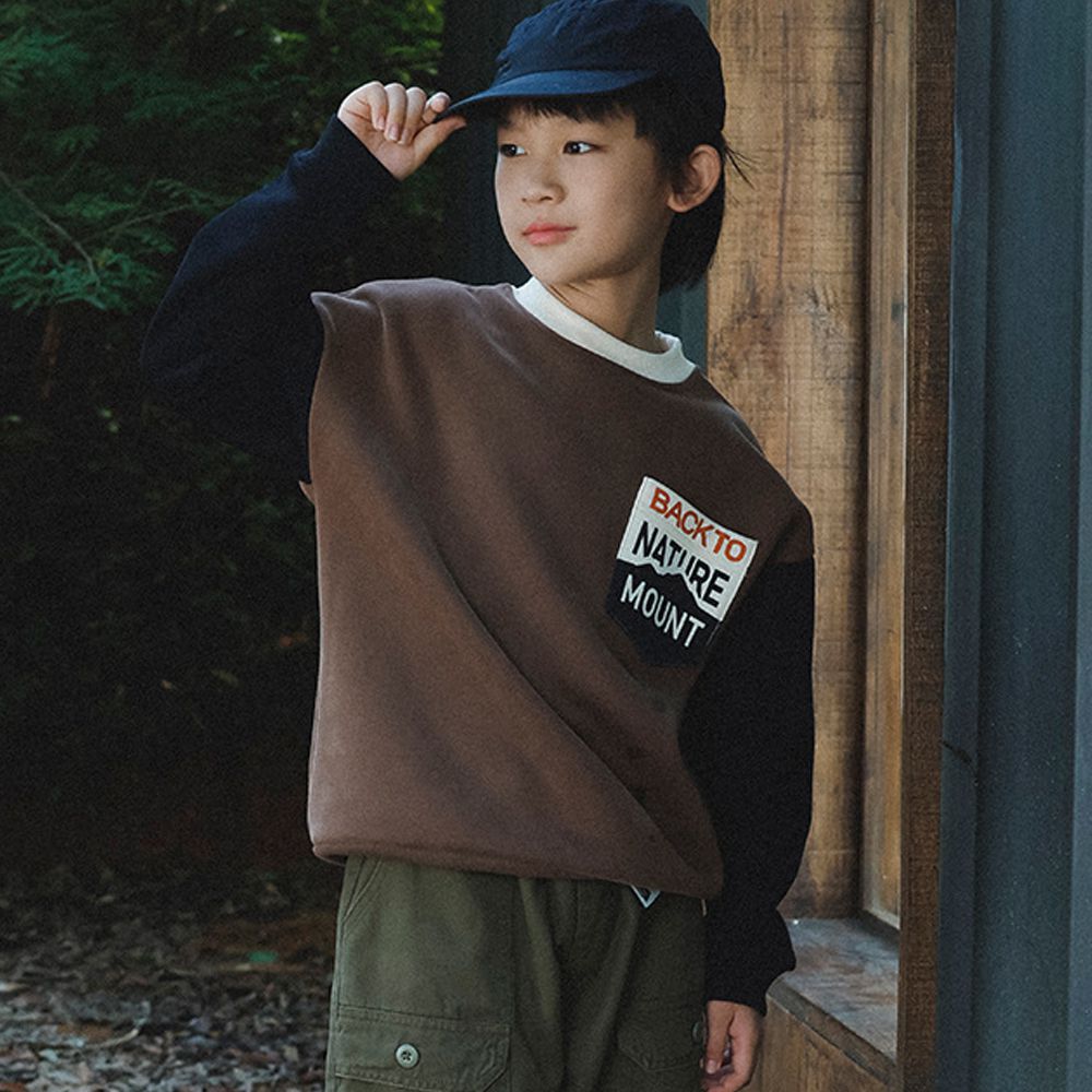 保暖加絨撞色拼接長袖上衣/大學T-咖啡