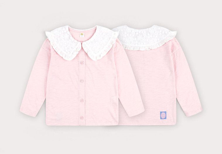 韓國 HEJMINI - 蕾絲拼接翻領薄外套-淡粉