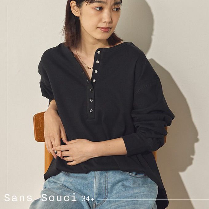 日本 Sans Souci 34+ - 休閒感優雅亨利領長袖上衣-黑x藍