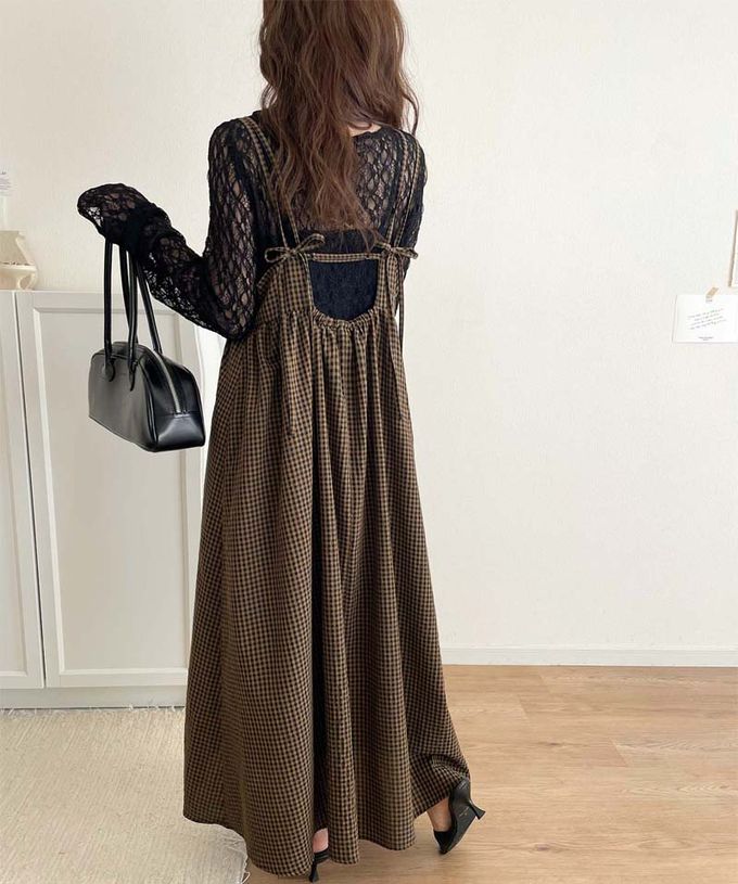 日本 Classical Elf - 成熟可愛感後綁帶吊帶洋裝-格子-咖啡