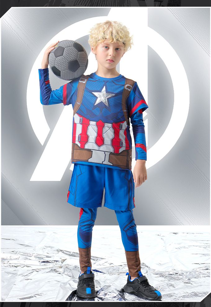 卡通造型假兩件運動套裝(送面具)-卡通人物美國隊長-藍色