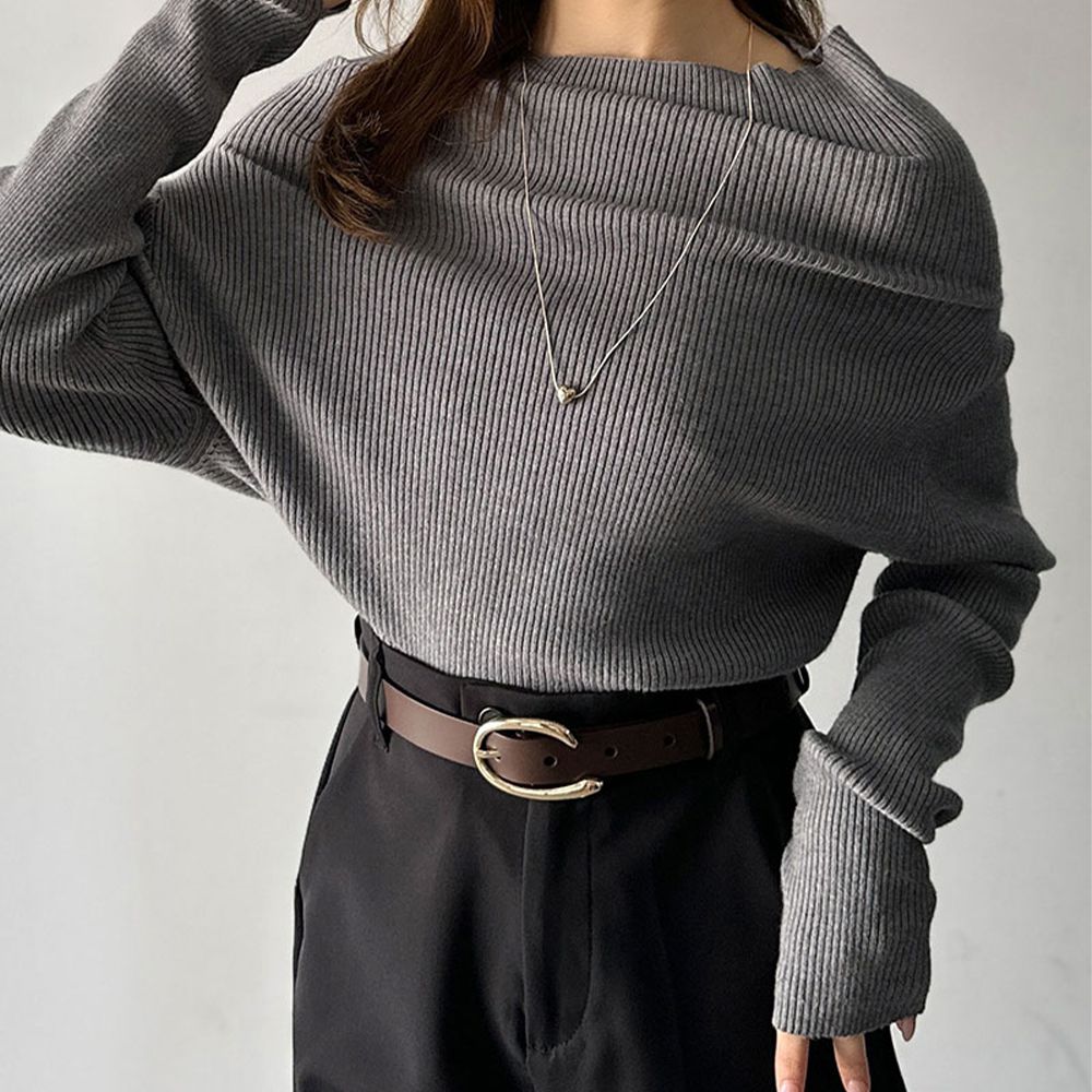 華麗一字領羅紋長袖上衣(指孔設計)-灰