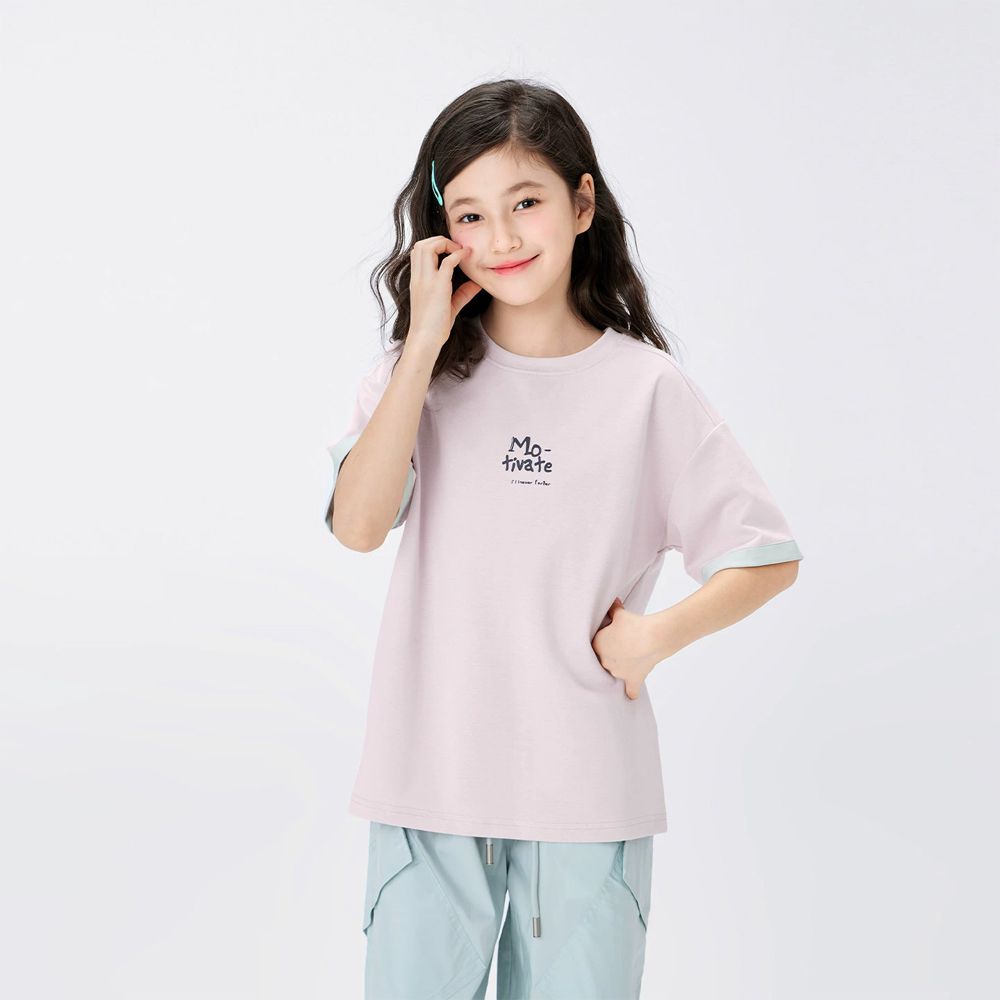 高透氧不易變形雙面紗短袖T-簡約字母-溫柔粉