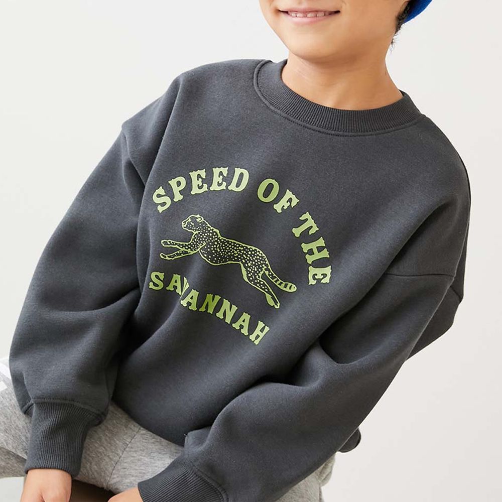 裏起毛動物印花大學T-飛越獵豹-炭灰