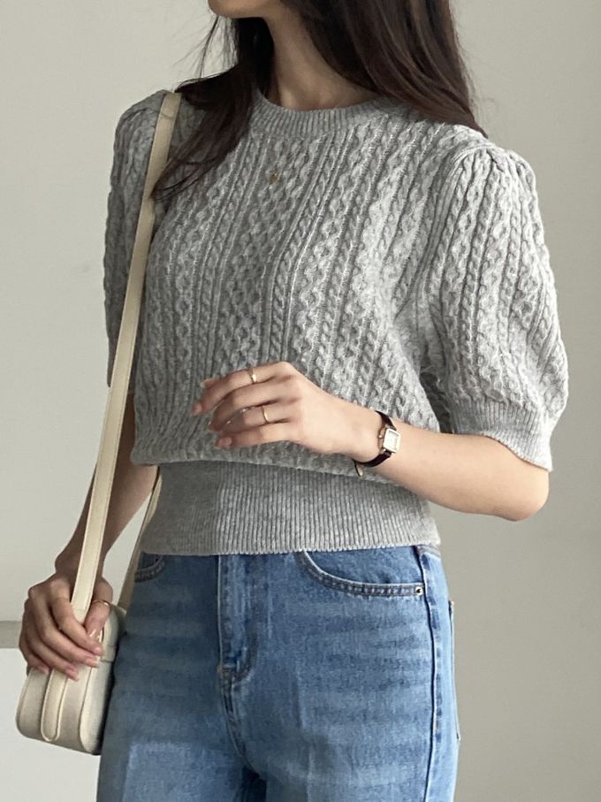 韓國女裝連線 - 麻花辮編織五分袖針織上衣-淺灰 (FREE)