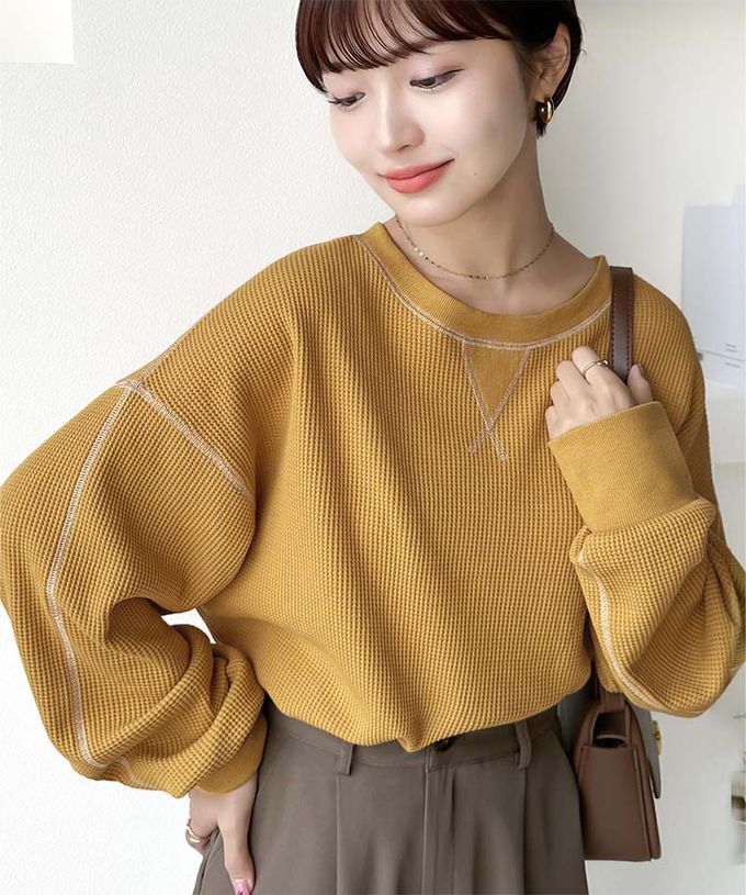 日本 Classical Elf - Java 華夫格車線薄長袖上衣-煙燻粉