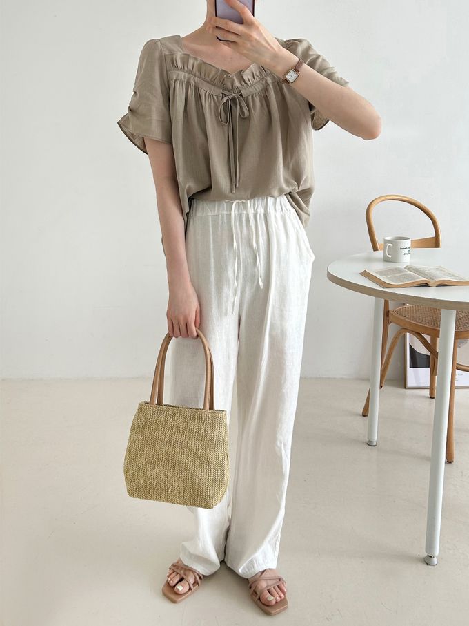 韓國女裝連線 - 波浪方領棉麻短袖上衣-白 (FREE)