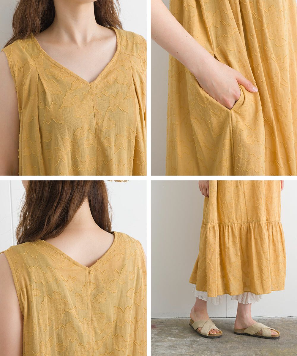 日本女裝代購 - 純棉緹花柔軟無袖洋裝-芥末黃