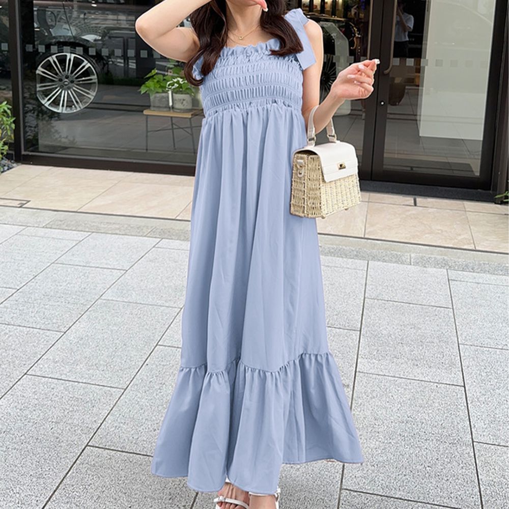 肩蝴蝶結甜美皺褶細肩帶洋裝-天空藍 (F)