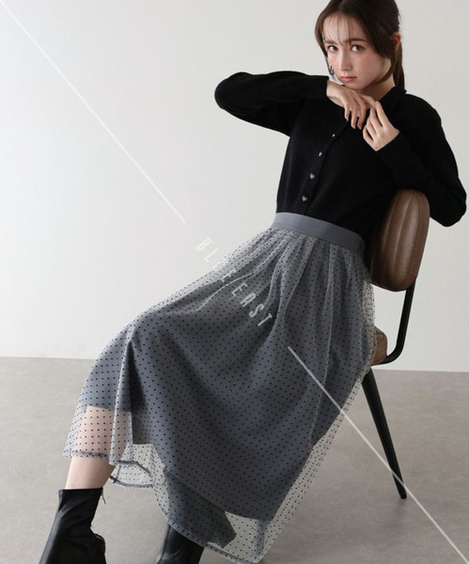 日本 BLUE EAST - 華麗雙層薄紗魅力長裙(可選長度)-格紋-海軍藍