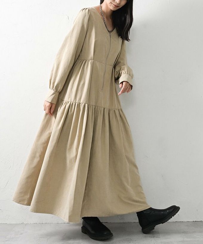 日本 ELENCARE DUE - V領拉鏈桃皮絨優美長袖洋裝-黑