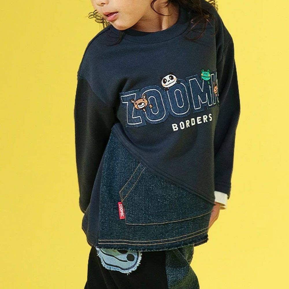 丹寧風小熊裏毛長袖上衣-品牌好朋友-海軍藍x黑