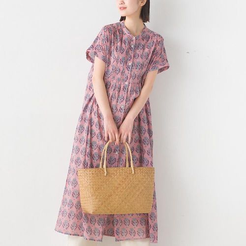 日本 OMNES - 100%印度棉 夏日印花開襟洋裝-粉紫圖騰