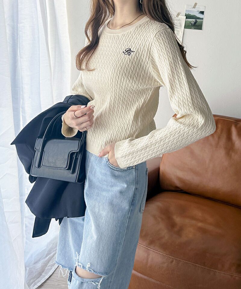 日本 Classical Elf - 學院風logo編花針織長袖上衣-米白x黑邊