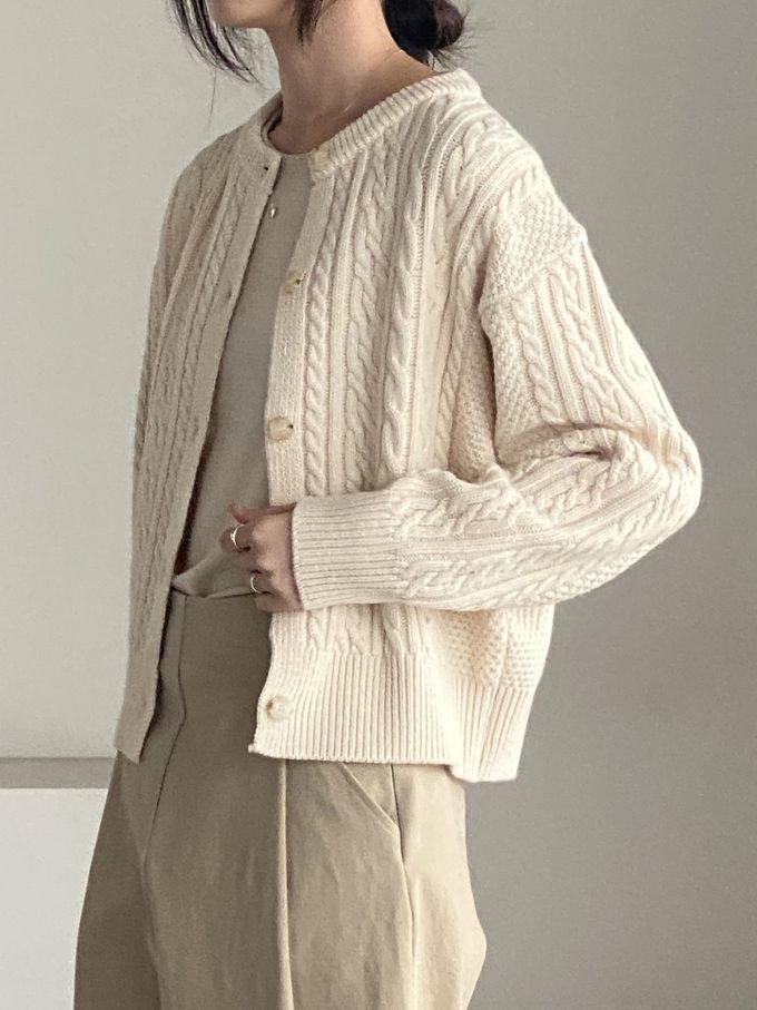 韓國女裝連線 - 麻花捲鈕扣無領針織外套-奶油米 (FREE)