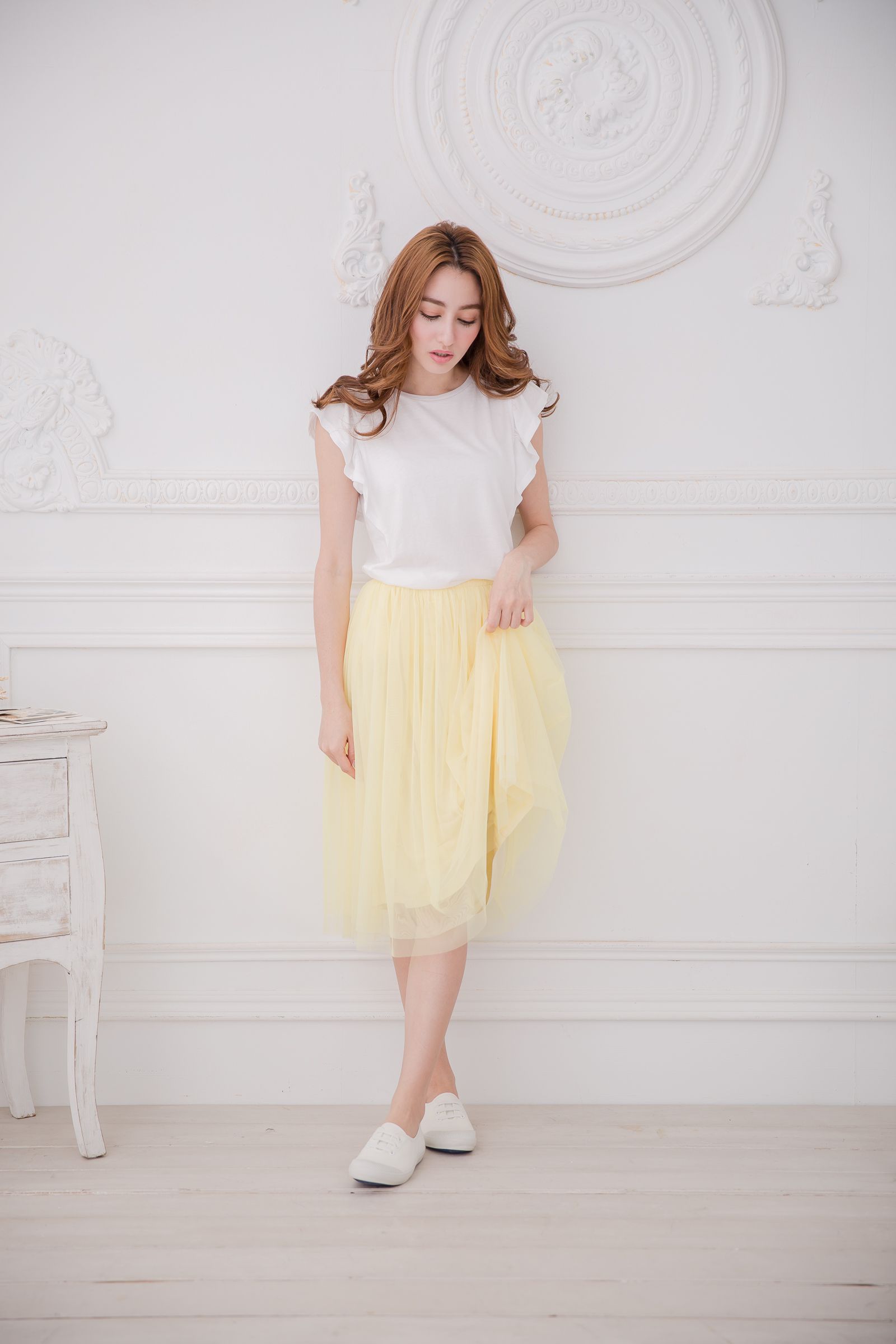 Peachy - 獨家訂製綿柔半身紗裙-半身中長版-嫩鵝黃 (F)