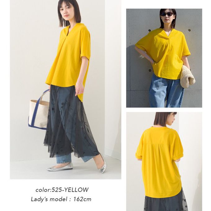 日本 OMNES - 接觸涼感 嫘縈打褶V領短袖上衣-灰棕