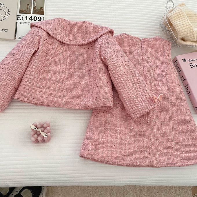 小香風愛心點綴粉色粗花呢外套&背心洋裝