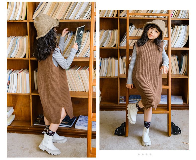 森林系半高領針織背心連身裙-咖啡色