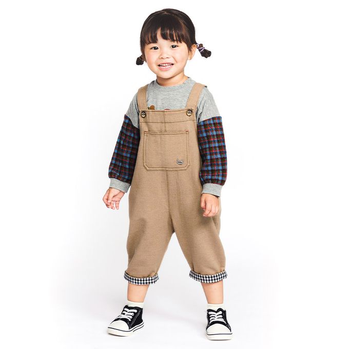 日本 ZOOLAND - 胸前大口袋舒適好穿吊帶褲-格紋內襯-海軍藍