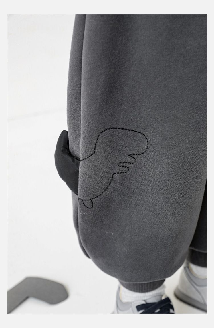 TONGMO - (加絨)腰鬆緊休閒束口長褲-描邊恐龍-深灰色