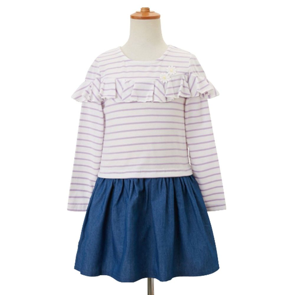 日本Nissen - 女孩條紋休閒洋裝-淺藍色x紫條紋