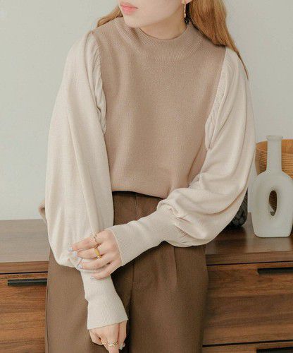 日本 Bou Jeloud - 細針織拼接泡泡袖上衣-淺卡其