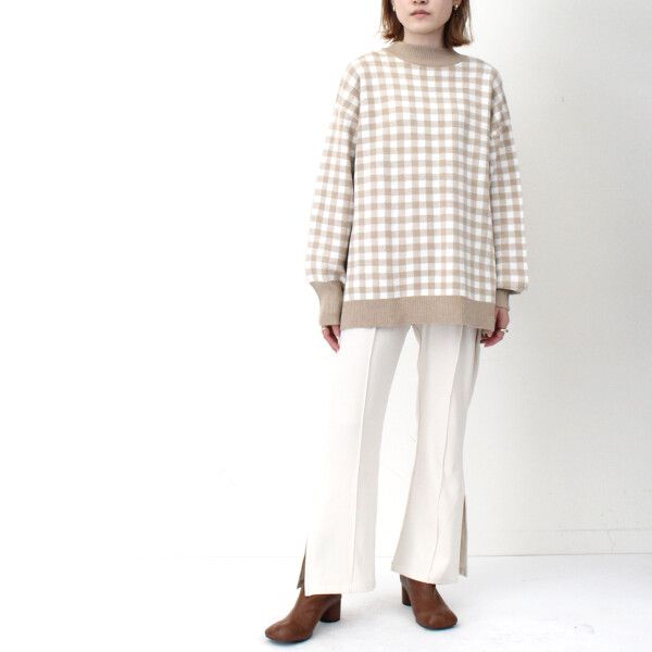日本 Riche Glamour - 撞色格紋前短後長立領毛衣-杏