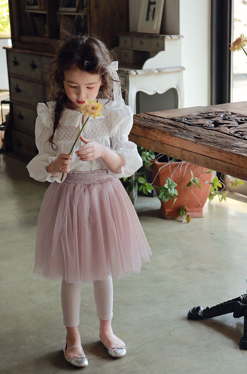 韓國 PuellaFLO - (現省50元)抓皺荷葉上衣+蕾絲蝴蝶結網紗褲裙-白上衣X粉紅紗裙