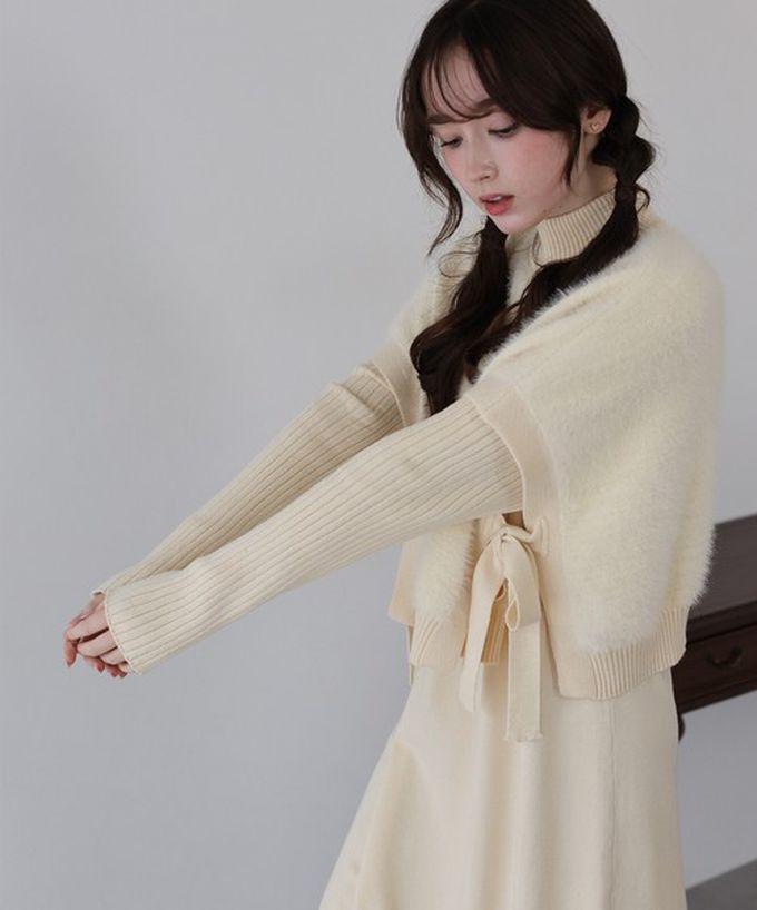 日本 BLUE EAST - [經典款]氣質針織斗篷綁帶長袖洋裝2件組-深灰x藍