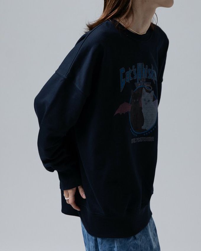 日本 gleam - 裏毛寬版天使惡魔貓咪印花大學T-淺灰