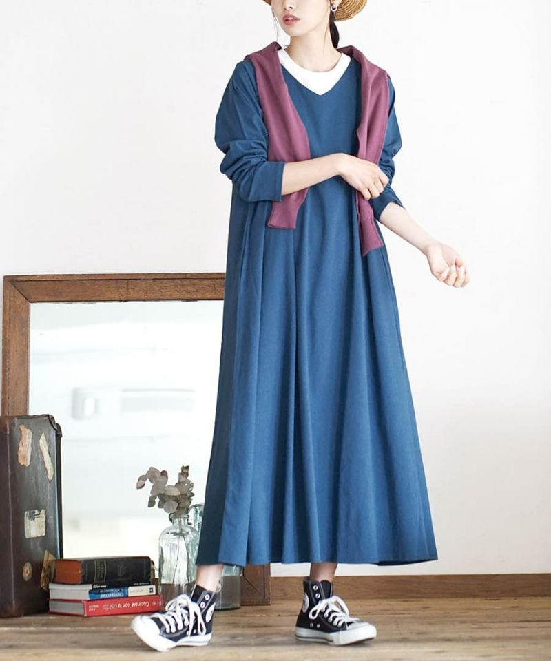 日本 zootie - 抗透汗 純棉修身長袖洋裝-V領-咖啡